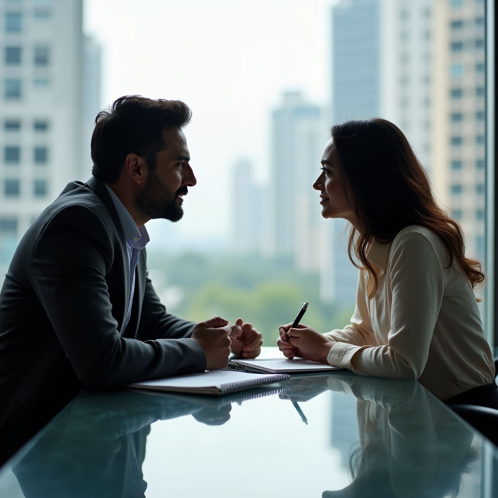 Mentor și participant discutând față în față, notițe pe masă, lumină naturală de birou
