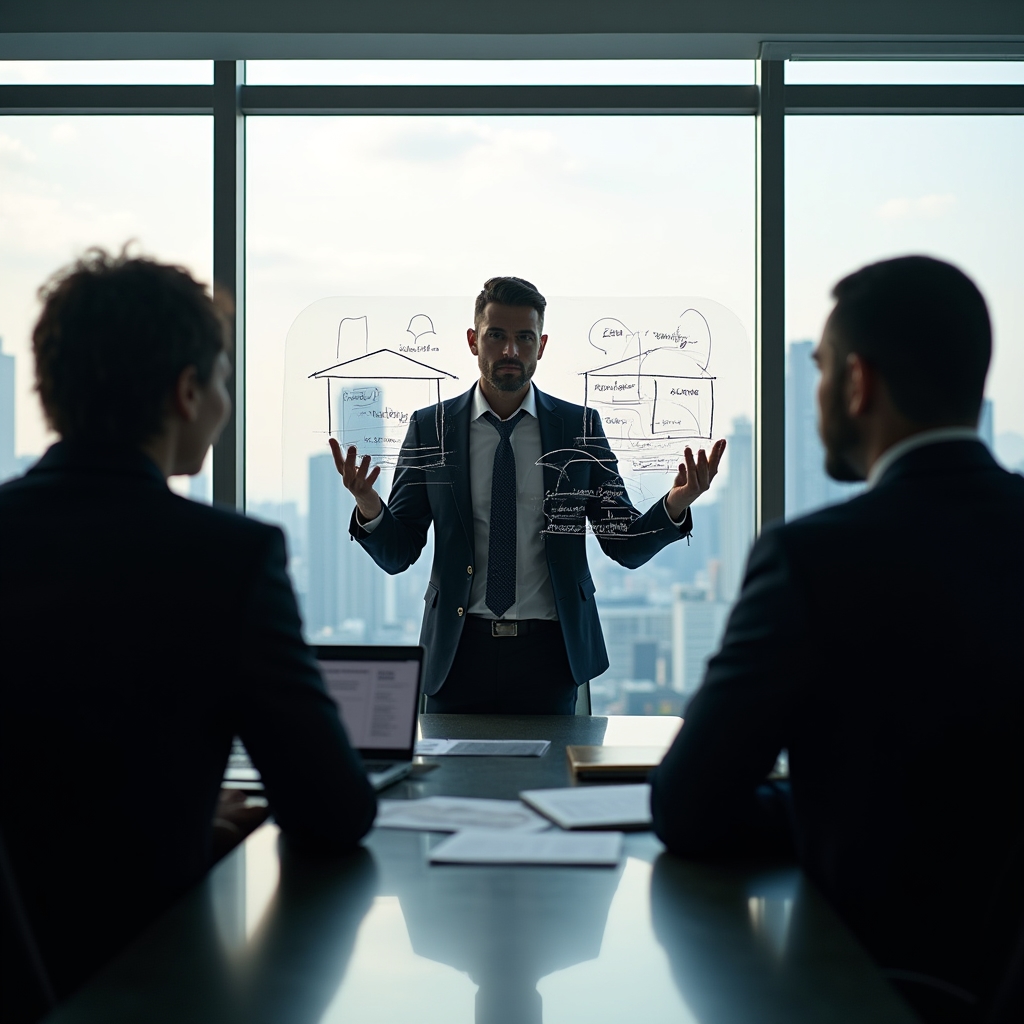 Mentor prezentând o schemă simplă pe un panou de sticlă, într-o sală de reuniune modernă